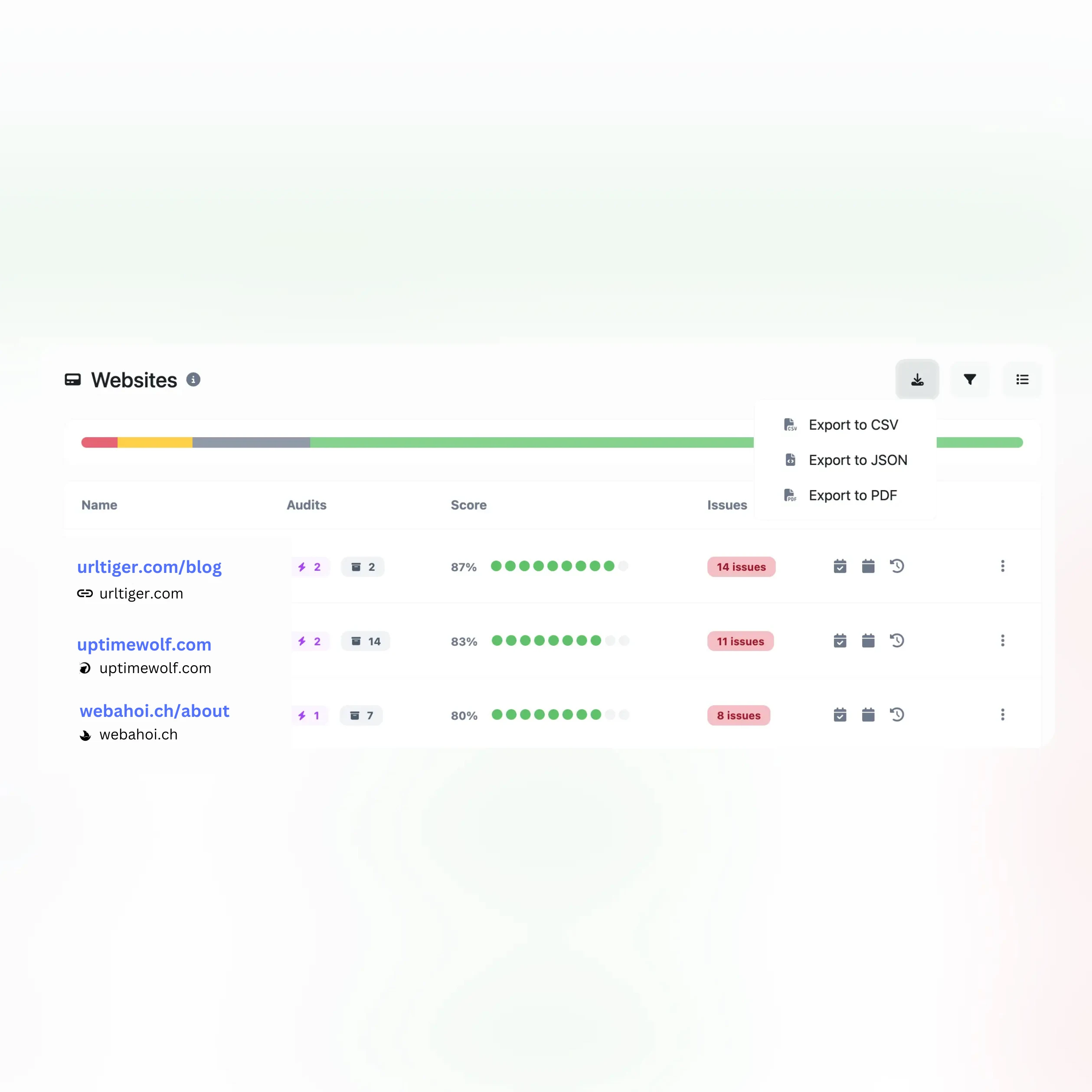 Screenshot of the app CSV, PDF, CSV exporting features